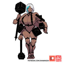 6_arms dark-skinned_female dark_skin dice_clan hammer huge_breasts muscular muscular_female oc patreon_logo red_eyes shawnger shield tagme two_tone_hair unusual_pupils watermark white_hair