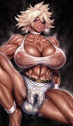 1futa abs balls big_breasts big_penis blonde_hair breasts bulge chinbotsu clothed clothing dark-skinned_futanari dark_skin debonair_diamond erect_nipples_under_clothes eye_patch eyepatch futa_only futanari human muscular_futanari nipples_visible_through_clothing partially_clothed penis see-through solo the_hunters_guild:_red_hood veiny_penis wet wet_clothes