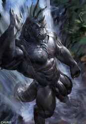 1boy 2021 abs anthro balls bathing biceps black_body black_scales butt_from_the_front casual_nudity chunie claws closed_eyes detailed_background digital_media_(artwork) dragon featureless_chest flaccid foreskin frill_(anatomy) genitals hi_res humanoid_genitalia humanoid_penis male male_only muscular muscular_anthro muscular_male nude outside penis reptile scales scalie showering signature solo talo_tsurrat_(nimratu) vein veiny_penis water waterfall wingless_dragon