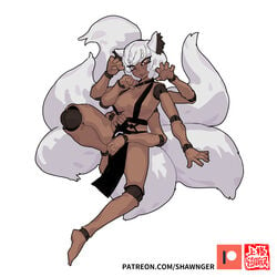 1girls dark-skinned_female dark_skin dice_clan doll_joints fox_ears fox_tail kitsune multi_arm multi_limb multi_tail oc patreon_logo shawnger watermark