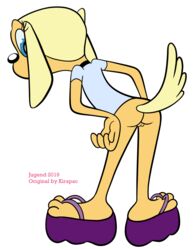 2019 3_toes alpha_channel anthro ass blue_clothing blue_shirt blue_topwear bottomless brandy_&_mr_whiskers brandy_harrington canid canine canis clothed clothing collar disney disney_channel domestic_dog feet female footwear genitals hi_res jugend kirapac looking_back mammal platform_footwear platform_sandals pussy sandals shirt solo toes topwear