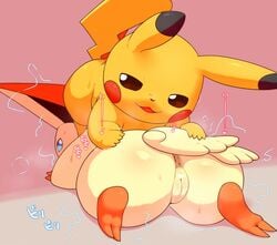 alacarte ambiguous_gender anus ass censored duo female feral genitals hi_res legendary_pokémon lying nintendo nude pikachu pokémon_(species) pokemon presenting presenting_hindquarters pussy sploot victini video_games