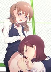 2boys blowjob blush brown_eyes brown_hair censor_bar censored fellatio femboy feminization girly hokuro_ryuuseigun junior_(hokuro_ryuuseigun) licking licking_penis long_hair male male_only oral original panties_down penis purple_eyes small_penis student_council_president_(hokuro_ryuuseigun) sweat thighs tiny_penis