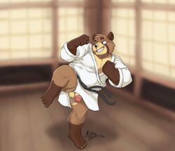 2020 4_toes 5_fingers anthro balls black_nose brown_body brown_fur canid canine casual_exposure circumcised digital_drawing_(artwork) digital_media_(artwork) dojo eyebrows feet fingers flaccid fur genitals glans hi_res inkart_flow inside karate keikogi male mammal martial_arts_uniform nails penis pose raccoon_dog smile solo sportswear tan_body tan_fur tanuki teeth toenails toes