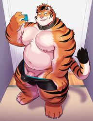 anthro belly belt_collar big_belly big_muscles black_stripes briefs clothed clothing erection erection_under_clothing eyebrows fangs felid fur genitals hair huge_pecs huge_thighs male male_focus male_only mammal matomonstera musclegut muscular muscular_male muscular_thighs nipple_piercing nipples one_eye_closed orange_body orange_fur orange_hair overweight pantherine pecs penis penis_base phone piercing pink_nose selfie solo solo_male stripes thick_thighs tiger tongue tongue_out underwear wink