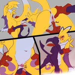1:1 absurd_res anthro anus ass ass_grab balls bandai_namco blush bodily_fluids butt_grab canid canine cunnilingus digimon digimon_(species) digital_media_(artwork) duo female fox genital_fluids genitals hand_on_ass hand_on_butt hi_res humanoid imp impmon jarnqk kissing larger_female male male/female mammal oral penis pussy pussy_juice renamon sex size_difference small_dom_big_sub smaller_male vaginal_penetration