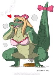 2020 accessory anthro badgengar big_breasts blonde_hair blush bodily_fluids bottomless bottomless_anthro bottomless_female bra breasts censored clothed clothing crocarina crocodile crocodilian crocodylid crouching egg egg_laying eyelashes female frilly_bra furgonomics genitals hair hair_accessory hair_ribbon hairbow heart hi_res huge_breasts ishuzoku_reviewers lips lipstick long_tail looking_at_viewer makeup monster_girl mosaic_censoring neko_no_hito open_mouth open_smile pink_bra pink_clothing pink_underwear pussy raised_tail red_lips red_lipstick reptile ribbons scalie smile smiling_at_viewer solo sweat tail_accessory tail_bow tail_ribbon thick_tail underwear yellow_eyes