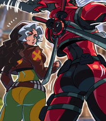 1boy 1girls ass_comparison deadpool deadpool_(marvel_rivals) looking_at_ass marvel marvel_comics marvel_rivals pommuart rogue_(marvel_rivals) rogue_(x-men) sword take_your_pick tinafate1 wade_wilson weapon x-men