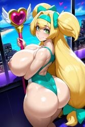 1girls ai_generated bangs beach blazblue blonde_hair city female green_eyes green_hair_bow hair_intakes heart-shaped_pupils huge_ass huge_breasts long_hair looking_at_viewer low-tied_long_hair nipples one-piece_swimsuit platinum_the_trinity quad_tails smile solo_female staff standing thick thick_ass thick_thighs