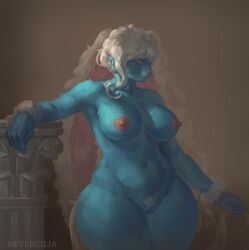 2026 anthro big_breasts blue_body blue_fur breasts column devergilia digital_media_(artwork) female fur genitals hair hi_res lagomorph leporid looking_aside mammal navel nipples nude pubes rabbit simple_background smile solo vulva white_hair wide_hips