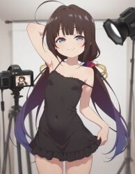 ai_generated beautiful_girl blue_eyes brown_hair flat_chest heavenly_body hinatsuru_ai petite_female pretty_girl seductive_smile sexy sexy_pose short_dress skinny_female slim_female slim_waist slutty_dress slutty_female tempting_viewer