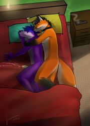 2015 after_orgasm anthro anthro_on_anthro bed bedding black_collar black_ears black_hair blanket blue_hair bodily_fluids canid canine collar cum cum_on_bed dated duo erection eyes_closed fox fur furniture genital_fluids gloves_(marking) green_hair hair hi_res hufnaar leg_markings lying male male/male mammal markings mouth_closed multicolored_hair nude on_bed on_side orange_body orange_fur pillow purple_body purple_fur purple_hair side_view signature socks_(marking) spooning white_body white_fur