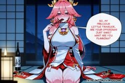 1girl ai_assisted ai_generated english_text fan_to_mouth fatest_squirrel full-face_blush genshin_impact holding_fan large_breasts looking_at_viewer miko purple_eyes seiza yae_miko