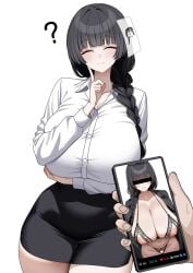 1boy 1girls ? absurd_res black_hair black_jacket black_skirt blue_archive blunt_bangs braid breasts cellphone censor_bar closed_eyes collarbone crotchless_panties cupless_bra female_sensei_(blue_archive) female_sensei_(blue_archive)_(xipa) holding huge_breasts juxtaposition large_areolae long_hair nipples pencil_skirt photo_(object) pov pov_hands puffy_nipples pussy sensei_(blue_archive) simple_background skirt smile social_media tewaki thick_thighs twitter white_background white_shirt
