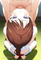 1girl ai_assisted ai_generated anime_coloring anime_screencap back_against_wall balls_deep brown_hair deep deepthroat detailed_face dominated face_fuck facing_viewer hair_ornament hair_over_shoulder hands_tied_above_head high_quality highres long_hair official_style petite_body ponytail pov purple_eyes ripped_clothes sitting_on_knees skinny small_breasts small_tits tiny_tits young