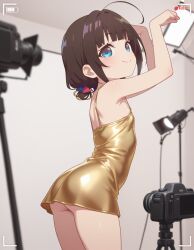 ai_generated beautiful_girl blue_eyes brown_hair flat_chest heavenly_body hinatsuru_ai petite_female pretty_girl seductive_smile sexy sexy_pose short_dress skinny_female slim_female slim_waist slutty_dress slutty_female tempting_viewer