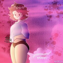 1girl 2d alice_(fundamental_paper_education) belly big_ass big_butt black_lace black_panties blushing brown_hair fart fart_cloud fart_fetish farting farts fundamental_paper_education large_shirt naughty_smile nyrezu onomatopoeia panty red_eyes red_fart red_fart_cloud sharp_teeth stinky stinky_fart stomach_ache stomach_noises thicc thicc_thighs thick_thighs tiara