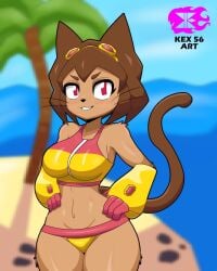 beach beach_background beach_outfit big_boobs big_breasts big_butt big_thighs bikini bikini_bottom bikini_top brown_body brown_breasts brown_fur brown_hair brown_nipples brown_skin brown_tail cat_ears cat_humanoid cat_tail catgirl fur fur_bikini furry furry_breasts furry_ears furry_female furry_only furry_tail gameoverse kex56_art kit_(gameoverse) kit_bodega red_eyes sexy_body sexy_female sexy_pose