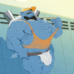 2021 anthro anthro_only arkanoego barazoku baseball_cap beard belly biceps big_bulge big_muscles black_hair blastoise blue_body blue_fur blue_nipples bodily_fluids bulge clothing clothing_pull dated facial_hair fur genital_fluids hair hat headgear headwear hi_res inside jockstrap locker locker_room male male_only musclegut muscular muscular_anthro muscular_male nintendo nipples pecs pokémon_(species) pokemon precum precum_through_clothing precum_through_jockstrap precum_through_underwear shell shirt shirt_pull signature solo standing story story_in_description tank_top tank_top_pull topwear topwear_pull tuft underwear vein video_games wet wet_clothing