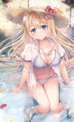 1girl arm_support barefoot bikini bikini_under_clothes blonde_hair blurry blurry_foreground breasts brown_hat cleavage closed_mouth collarbone depth_of_field flower frilled_bikini frills green_eyes hair_between_eyes hat hat_flower hibiscus highres inagaki_minami long_hair medium_breasts open_clothes open_shirt petals petals_on_liquid plaid_bikini plaid_clothes puffy_short_sleeves puffy_sleeves red_flower see-through_clothes shallow_water shirt short_sleeves side-tie_bikini_bottom sitting smile solo sousouman straw_hat swimsuit twinbox_school very_long_hair water wet wet_clothes wet_shirt white_shirt yellow_flower