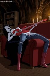 1girl adventure_time ai_generated bass_guitar black_hair boots denim electric_guitar guitar hi_res high_quality high_resolution instrument jeans long_hair marceline music pants patreon playing_instrument seductive sexy solo spicytoonai torn_clothes torn_pants uncensored watermark