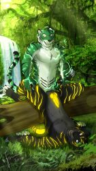 9:16 anal anal_penetration anthro anthro_on_anthro anthro_penetrated anthro_penetrating anthro_penetrating_anthro arm_tuft balls between_legs black_body black_fur blue_eyes chest_tuft day duo elbow_tuft electricity erection fangs felid fur genitals grass green_body green_fur grey_balls grey_body grey_fur head_tuft hi_res hufnaar humanoid_genitalia humanoid_penis hybrid_genitalia hybrid_penis knot knotted_humanoid_penis knotted_penis leg_grab log lying male male/male male_penetrated male_penetrating male_penetrating_male mammal markings nude on_back open_mouth outside pantherine penetration penile penile_penetration penis penis_in_ass plant sex standing striped_arms striped_legs striped_markings striped_tail stripes tail tail_markings teeth tiger tuft waterfall whiskers white_body white_fur wood yellow_eyes yellow_penis