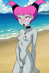 1girls 2d ahegao ai_generated beach_background blushing cartoon cat_eyes choker covering_pussy day dc female female_only fingering_pussy fingering_self gray_skin gray_skinned_female grey_body grey_skin grey_skinned_female hair_horns hair_ornament jinx_(dc) looking_at_viewer looking_up masturbation ocean_background perky_breasts perky_nipples petite_body petite_female pink_eyes pink_hair pink_nipples sand skinny_female slim small_breasts solo standing_masturbation teeth_visible tiny_breasts tiny_waist tongue tongue_out