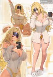 1girls ai_generated aqua_nails bare_shoulders big_breasts blonde_hair cleavage coffee_mug collage colored_nails curvaceous_figure curvy curvy_female eye_mask female hoyoverse huge_breasts light-skinned_female long_hair looking_at_viewer messy_hair mihoyo mihoyo_technology_(shanghai)_co._ltd. nail_polish painted_nails panties stretching trigger_(zenless_zone_zero) unbuttoned_shirt usagipunish voluptuous_female waking_up white_shirt