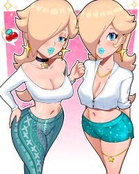 2girls alternate_version_available big_breasts big_lips bimbo bimbo_lips blonde_hair blue_eyes blue_lips blue_lipstick blue_pants blue_shorts bottomwear breasts cherry choker cleavage clothing crop_top cyan_lips cyan_lipstick ear_piercing earrings female female_only forbidden_pants front_view hair hair_over_one_eye half-closed_eyes hand_on_hip hips lips lipstick long_hair mario_(series) nail_polish nails necklace neckwear nintendo pants parted_lips princess_rosalina purple_nail_polish purple_nails short_shorts shorts sparkles speech_bubble star_earrings thick_lips thigh_strap thighs topwear white_crop_top white_shirt wiluma