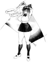 1girl 1girls 2d arms_above_head arms_up big_breasts english english_text expressionless female female_focus female_only glasses impregnation kazama_ritsuko looking_at_viewer monochrome original ponytail school_uniform shen_shipi_(agil548g6h6) simple_background socks solo solo_female solo_focus sperm sperm_cell sperm_meets_ovum thick_thighs thighs