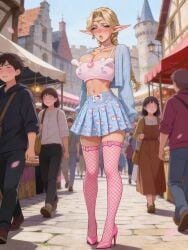 abs ai_generated bimbo blue_eyes blush blushing cleavage crop_top cute elf elf_ears elf_female elf_girl ephildis_agraliel fishnet fishnet_legwear fishnets heels hello_kitty high_heels huge_breasts illustrious_(stable_diffusion) long_sleeves medieval obviousaddicted sneakers stable_diffusion thighhighs thighs