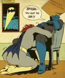 1boy 1girls barbara_gordon batgirl batman batman_(series) blowjob dc dc_comics deepthroat deepthroat_holder deepthroat_hug fellatio implied_deepthroat implied_oral oral oral_sex pachu_m._torres superheroine