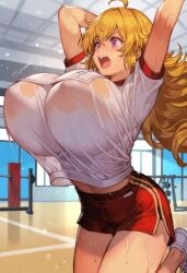ai_generated big_breasts bouncing_breasts exercise gym gym_clothes gym_uniform huge_breasts hyper_breasts jumping rwby sweat wet_clothes wet_clothing yang_xiao_long
