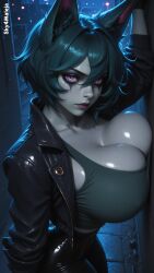 ai_generated big_breasts breasts city city_background cityscape cleavage huge_breasts large_breasts league_of_legends night riot_games sky4maleja tank_top vex_(league_of_legends) yordle
