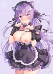 1girl animal_ears blush breasts breasts_out cat_ears cat_tail detached_collar detached_sleeves hair_ornament hair_ribbon hairband large_breasts long_hair maid maid_apron maid_headdress maid_outfit maid_uniform nekomimi nipples open_clothes open_shirt original purple_hair shiono_(0303) straight_hair tied_hair twintails