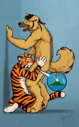 5:8 anthro anthro_on_anthro anthro_penetrated anthro_penetrating anthro_penetrating_anthro blue_eyes bodily_fluids brown_body brown_fur brown_hair canid canine dreadlocks drooling duo eyes_closed felid fur hair head_grab hi_res hufnaar hufnaar_(character) kneeling male male/male male_penetrated male_penetrating male_penetrating_male mammal markings nude oral oral_penetration orange_body orange_fur pantherine penetration penis_in_mouth saliva sex side_view standing striped_arms striped_back striped_body striped_fur striped_legs striped_markings striped_tail stripes tail tail_markings tan_body tan_fur tiger white_body white_fur