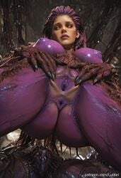 1girl absurdres ai_generated anime_style anus anus_focus armor ass_focus biomechanical breasts close-up close_up closeup detailed_background detailed_face digital_art exoskeleton from_below gaping glossy_skin glowing_eyes hands_on_pussy highres huge_ass huge_breasts large_breasts long_hair lui_bei oiled_skin organic_armor pov purple_hair purple_pussy purple_skin pussy pussy_focus queen_of_blades realistic sarah_kerrigan shiny_skin solo spread_anus spread_pussy starcraft starcraft_2 sweat sweatdrop tentacle_hair thick_thighs uncensored vagina view_between_legs viewed_from_below wet yellow_eyes zerg