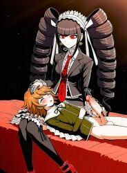 1boy 1boy1girl 1femboy 1girl absurd_res absurdres ai_generated big_balls big_cock big_dick big_penis black_blazer black_fingernails black_hair black_nails black_skirt black_socks black_stockings black_thighhighs blush blushing bottomless brown_hair celestia_ludenberg danganronpa danganronpa:_trigger_happy_havoc danganronpa_1 dominant_female drill_hair female_on_femboy femboy femboysub femdom fujisaki_chihiro gentle_femdom gold_earrings green_shirt hand_on_head handjob head_pat headpat heels hung_femboy hung_trap lap_pillow looking_at_another looking_down_at_partner looking_pleasured lying_on_lap novelai on_bed penis penis_out red_eyes red_heels red_tie ribbon simple_background sitting sitting_on_bed sitting_on_lap small_but_hung smile smiling smiling_at_partner socks stable_diffusion stockings submissive_femboy thighhighs white_headwear