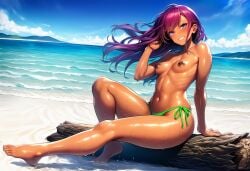 ai_generated athletic athletic_body athletic_female beach beach_background bikini_bottom bikini_bottom_only caramel-skinned_female dark_nipples dark_skin dark_skinned_female dripping dripping_wet fit fit_body fit_female flat_stomach long_hair original_character photoshoot pose purple_eyes purple_hair random_character sea sea_background seaside sitting small_breasts smile smiling smiling_at_viewer summer topless topless_female tummy wet wet_skin
