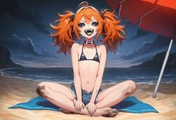 1girls abhartach ai_generated ankle_tuft aoife_(paigen) barefoot beach bikini black_sclera blue_eyes breasts choker clothed clothes clothing collar daisy_dukes denim_shorts dirty_feet fangs female flat_chest fur glowing_eyes grey_fur grey_nails grey_toenails hat horror horror_(theme) medium_hair messy_hair monster_girl ocean orange_hair original original_character paigen ribs sharp_nails sharp_teeth sharp_toenails shorts skinny slit_eyes small_female swimsuit tooth_necklace towel undead unkempt vampire vampire_fangs vampire_girl water