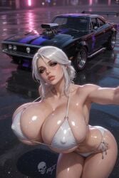 1girls ai_generated armpits ass big_breasts bimbo bimbo_body bra breasts breasts_bigger_than_head car cd_projekt_red ciri curvy_body curvy_female female green_eyes light-skinned_female light_skin looking_at_viewer mascara nipples_visible_through_clothing panties selfie solo solo_female swimsuit the_witcher_(series) wet_body white_hair