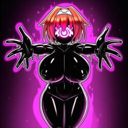 ai_generated bad_end black_skin corruption drone faceless_character falcom_(neptunia) huge_breasts latex navel reaching_towards_viewer red_hair thick_thighs