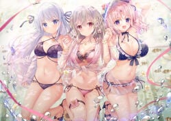 3girls arm_behind_back arm_up bare_shoulders bikini black_bikini black_sandals blonde_hair braid breasts cleavage closed_mouth criss-cross_halter flower food frilled_bikini frills fruit grey_hair grey_nails hair_between_eyes hair_flower hair_ornament hair_ribbon halterneck hat high_heels highres hiiragi_asuka_(twinbox) holding_hands interlocked_fingers izumi_kaori_(twinbox) large_breasts layered_bikini long_hair long_sleeves looking_at_viewer maeda_shiori multiple_girls nail_polish navel one_side_up open_mouth pinching_sleeves pink_bikini pink_flower pink_hair purple_eyes red_eyes ribbon sandals see-through_clothes shirt side-tie_bikini_bottom sleeves_past_wrists smile sousouman strawberry string_bikini swimsuit swimsuit_cover-up tilted_headwear twinbox_school very_long_hair water_drop white_hat white_shirt