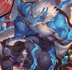 anthro barazoku bdsm beard black_body black_sclera blue_body blue_eyes blush bodily_fluids bound bovid bovine brush cattle collar cum cum_in_ass cum_inside demon duo facial_hair gem genital_fluids hair hi_res hybrid lllpond magic magic_user male male/male mammal markings monster multicolored_body muscular muscular_anthro muscular_male one_eye_closed paintbrush restrained restrained_arms scar teeth_showing tongue tongue_out white_body white_hair white_sclera yellow_eyes