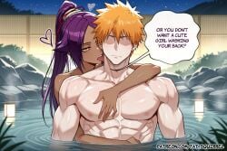 1boy 1girl ai_assisted ai_generated bleach english_text fatest_squirrel femdom hug_from_behind kurosaki_ichigo licking_another's_face nude partially_submerged yellow_eyes yoruichi_shihouin