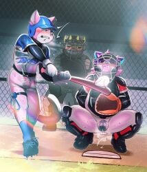 absurd_res anal anal_penetration anthro anthrofied armor august_(meowmcmeow) ball baseball_(ball) baseball_(sport) baseball_base baseball_bat baseball_field baseball_glove baseball_uniform bat_(object) batter batting_helmet bdsm belt biped black_sclera blue_body blue_eyes blue_fur blue_nose blush bodily_fluids bottomwear catcher catcher's_mitt chain-link_fence chastity_cage chastity_device circumcised cleats clenched_teeth clothed clothing crouching cum demon detailed_background digital_media_(artwork) dildo dildo_in_ass dildo_insertion dipstick_tail domestic_cat embarrassed english_text erection erection_under_clothing facial_markings felid feline felis fence fur gao_(meowmcmeow) generation_7_pokemon genital_fluids genitals glans glistening glistening_clothing green_horn grey_body grey_fur group head_markings headgear headwear heart_(marking) helmet hi_res horn humanoid_genitalia humanoid_penis humiliation hybrid latex leaking_cum long_tail male mammal markings multicolored_body multicolored_fur nintendo object_in_ass penetration penile penis pink_body pink_eyes pink_fur pink_tail pokemon pokemon_(species) pokemorph purple_body purple_fur rucknatto rucknatto_(character) sex_toy sex_toy_in_ass sex_toy_insertion shirt slightly_chubby smile sport sportswear sweat tail tail_markings teeth text tight_clothing topwear torracat translucent translucent_bottomwear translucent_clothing trio two_tone_tail umpire uniform vibrator vibrator_on_penis white_body white_fur white_tail white_tail_tip