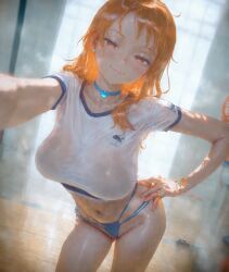 ai_generated blush blushing choker cowboy_shot fahreit female female_only gym gym_clothes half-closed_eyes hand_on_own_hip large_breasts leaning_to_the_side light_smile looking_at_viewer nami_(one_piece) one_piece orange_eyes orange_hair reaching_towards_viewer selfie sportswear stable_diffusion sweat sweating sweaty sweaty_body sweaty_breasts thong