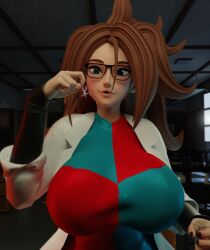 android_21 blue_eyes brown_hair dragon_ball dragon_ball_super dragon_ball_z giantess huckleberry8181 huge_breasts labcoat large_breasts larger_female smile