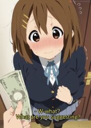 1girls absurd_res absurdres ai_generated ashamed blush blushing brown_eyes brown_hair cash clothed clothing cute eyelashes female female_focus funny hair_between_eyes hentai hi_res high_quality high_resolution highres horny k-on! looking_at_another looking_away looking_down looking_pleasured medium_hair meme money nervous nervous_expression nervous_face pervert sawahebi school_uniform schoolgirl sexually_suggestive shirt suggestive sweat text uniform yui_hirasawa_(k-on!)