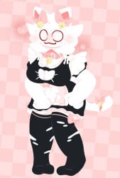 1girls blush blush_lines blushing bow_on_tail cat_bra cat_girl catgirl checkered_background cute female maid maid_dress maid_outfit maid_uniform oni_chuu owocat pink_collar ripped_stockings